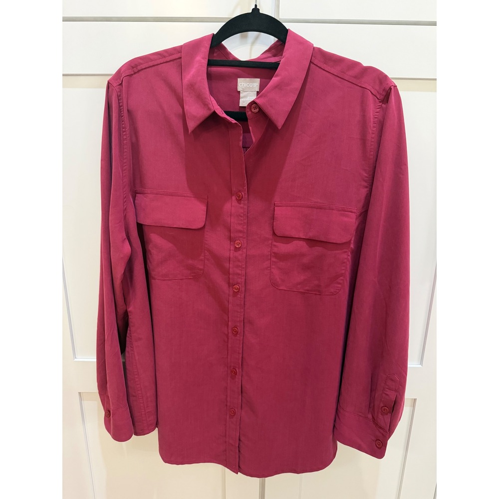 Chicos Berry Pink Modal Blend Button Down Utility Shirt Size 3 16/18 Long Sleeve